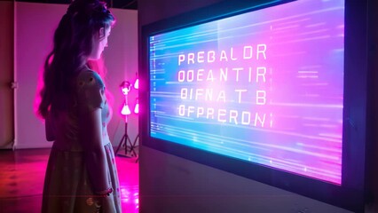 A woman is standing in front of a large screen displaying the words Pregnant or N in a room, A digital screen displaying the words Pregnant or Not Pregnant