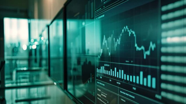 A computer screen displaying a detailed chart with various data points and trends, A digital screen displaying graphs and charts of data trends in an office setting