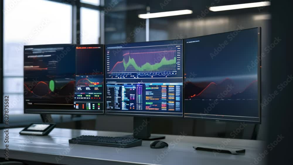 Poster a desk featuring two monitors displaying graphs and a keyboard ready for work, a digital workspace w