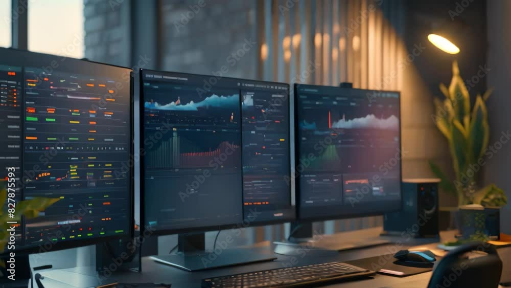 Poster two computer monitors displaying graphs on a desk in a digital workspace, a digital workspace with s