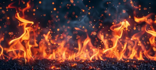 Abstract dark background featuring fire embers and sparks, creating a glittering frame with lights from above and below. Ideal for adding a dramatic effect or as a background element.