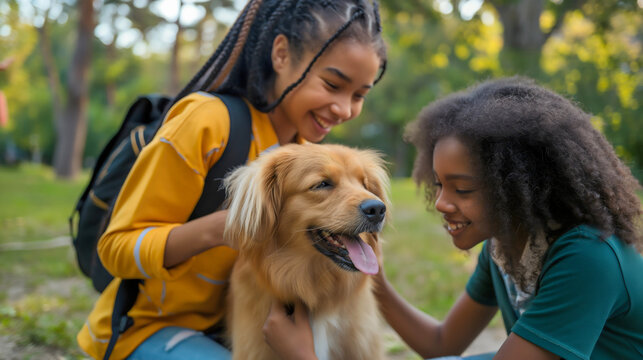 Two diverse multiethnic teenage girl students with backpacks petting a happy joyful smiling golden retriever dog pet animal in park nature outdoors. Cute and friendly, summer love and friendship - Powered by Adobe