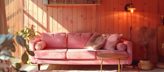 Cozy living room with a pink color scheme, featuring a plush pink sofa, warm lighting, and rustic wooden accents