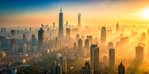 Generative ai. A sprawling cityscape at sunrise with numerous high-rise buildings and skyscrapers partially obscured by a layer of fog