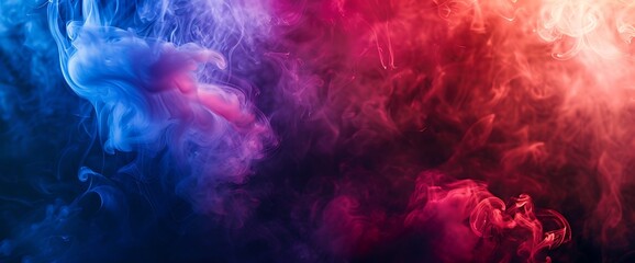An intense burst of red and blue smoke intertwining in a dramatic dance, creating an otherworldly spectacle.