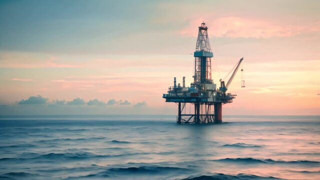 An oil rig standing tall in the middle of the ocean, extracting resources from beneath the seabed, A distant view of an oil rig standing tall in the midst of a vast horizon