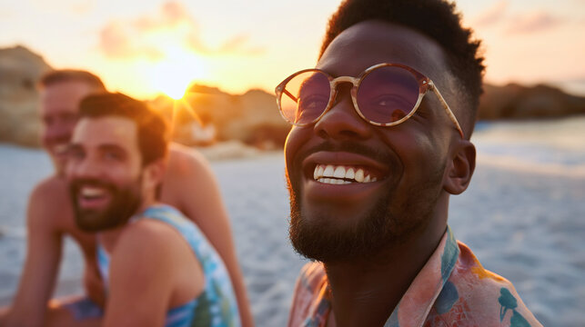 Diverse multiethnic friends men group of people on ocean or sea sand beach during sunset. Happy people summer friendship, laughing together, leisure time