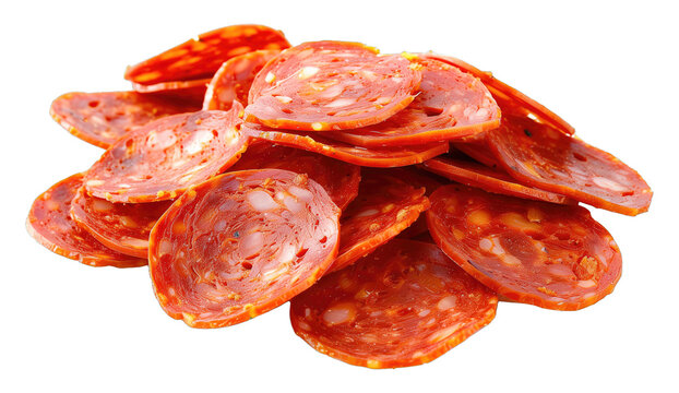 Heap of slices of cured pepperoni sausage isolated on a transparent background PNG