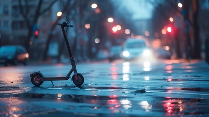 A lone electric scooter sitting on a deserted street corner.