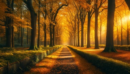Beautiful autumn scene with a pathway through the woods covered with yellow and orange leaves, with rows of big trees along the walkways, creating a serene setting - Powered by Adobe