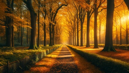 Fototapeta premium Beautiful autumn scene with a pathway through the woods covered with yellow and orange leaves, with rows of big trees along the walkways, creating a serene setting