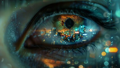 eye reflects digital technology and a futuristic cityscape, symbolizing AI's role in shaping urban life.