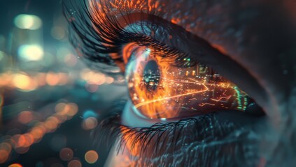 eye reflects digital technology and a futuristic cityscape, symbolizing AI's role in shaping urban life.