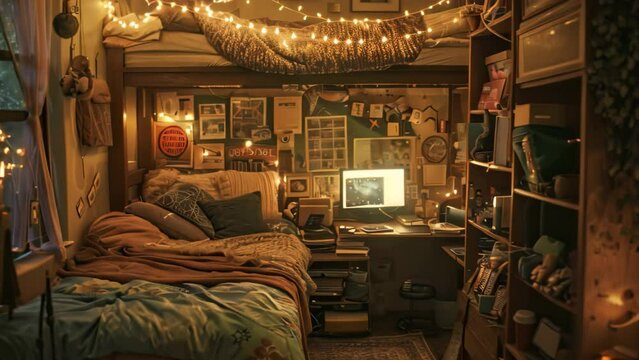 A practical bedroom setup featuring a bed, desk, and stylish lighting fixtures, A dreamy depiction of a college dorm room with cozy decor and personal touches