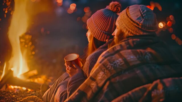 Couple seated next to a fire, enjoying beers and cozying up with a blanket, A dreamy photo of a couple cuddled up in a blanket, sipping cider by a crackling fire pit