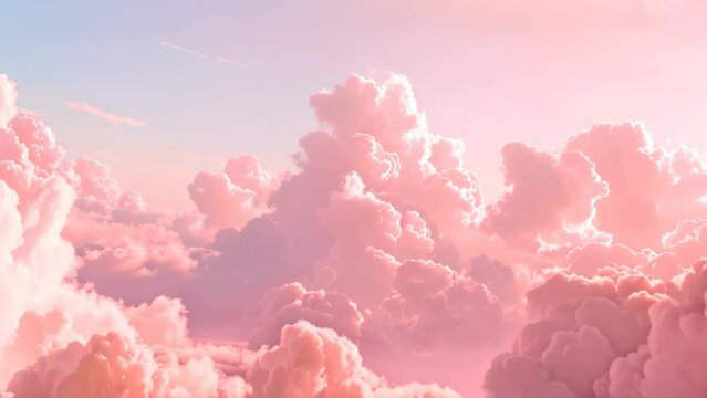A sky painted in pink hues with numerous fluffy clouds scattered throughout, A dreamy pink sky with fluffy clouds