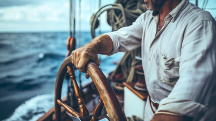 Closeup man ship captain holding his hand on wooden rudder helm wheel, sea or ocean water waves sunset. Nautical sailor boat, professional navigator crew, steering, deck