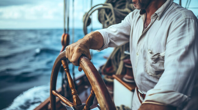 Closeup man ship captain holding his hand on wooden rudder helm wheel, sea or ocean water waves sunset. Nautical sailor boat, professional navigator crew, steering, deck