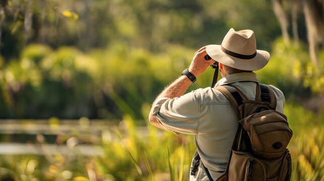 Rear back view of a man wearing hat and backpack, holding binoculars, birdwatching wildlife activity in nature, copy space. Birdwatcher hobby, environment observation, zoologist, tourist, animals