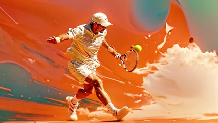 A painting depicting a man hitting a tennis ball with a racquet in a dynamic and energetic moment, A dynamic composition capturing the energy of a tennis rally
