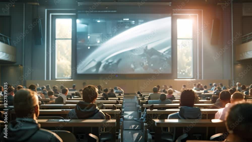 Poster a classroom full of students actively involved in watching content on a screen during a lecture, a d