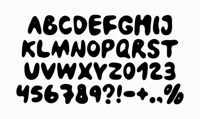 Black bubbly font set featuring uppercase letters, numbers and special characters. Ideal for fun and creative design projects. Vector illustration