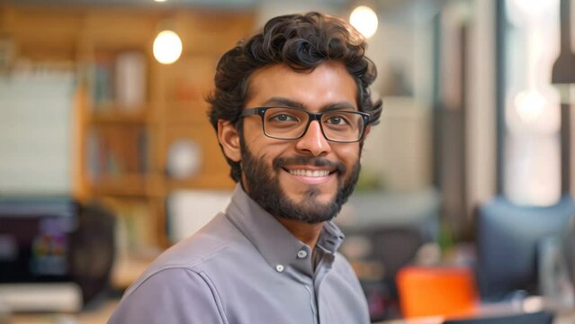 A man wearing glasses standing in front of a desk, A dynamic tech startup founder, incorporating Islamic principles into his innovative business model