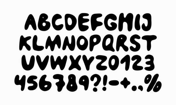 Black bubbly font set featuring uppercase letters, numbers and special characters. Ideal for fun and creative design projects. Vector illustration