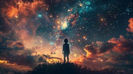 Fototapeta premium silhouette of a boy looking up at the stars in wonder and hope for the future