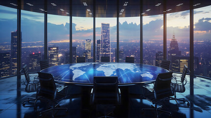 Nobody in empty boardroom meeting office, round blue table with world map surrounded by chairs. Business conference interior, international worldwide network, global strategy connections