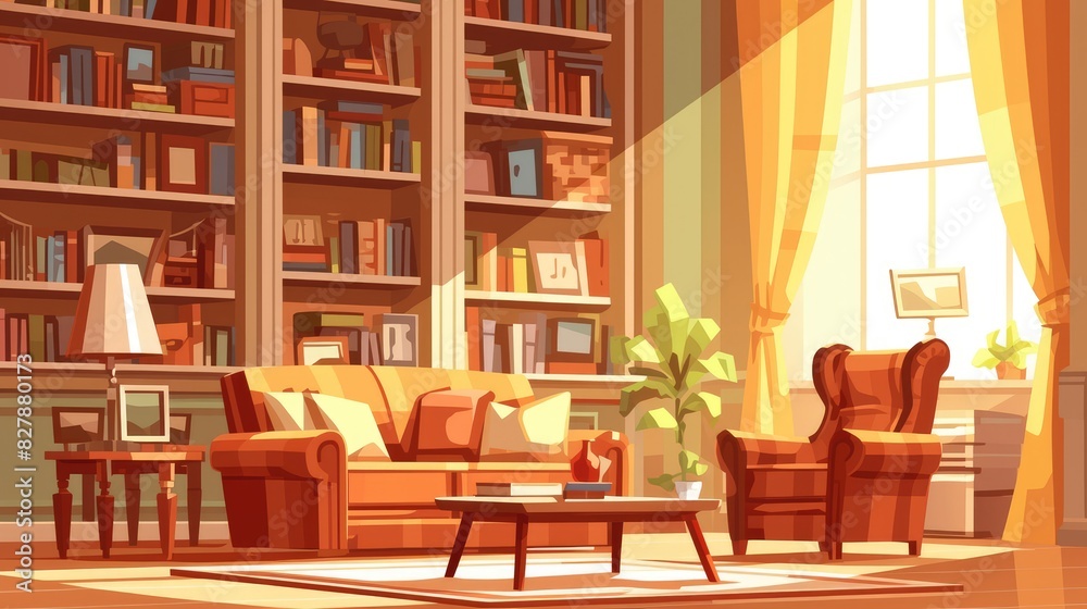 Wall mural Experience the cozy charm of a living room adorned with a plush sofa stylish armchair elegant bookshelves and a vibrant potted plant Dive into a lively cartoon depiction showcasing a lounge  - Wall murals