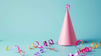 Pink party hat and colorful streamers on a light blue backdrop with room for text