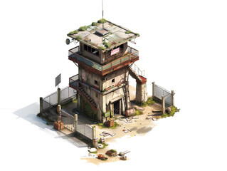 Digital art of a dilapidated guard tower with an overgrown roof surrounded by a broken fence and scattered debris under daylight, Transparent PNG Game Asset