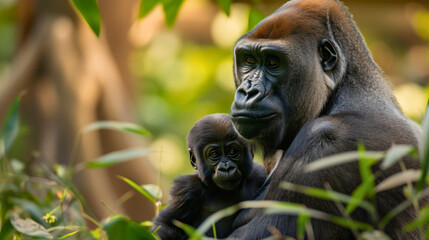 Obraz premium Gorilla mother and little baby together in jungle wildlife nature. Primate ape monkey animal, family infant, child care and love