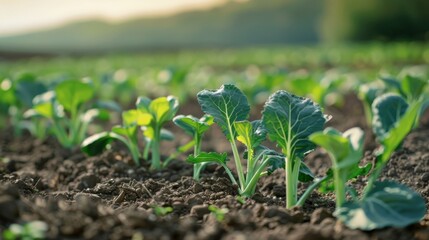Young broccoli plants sprouting in a fertile field on an organic farm.