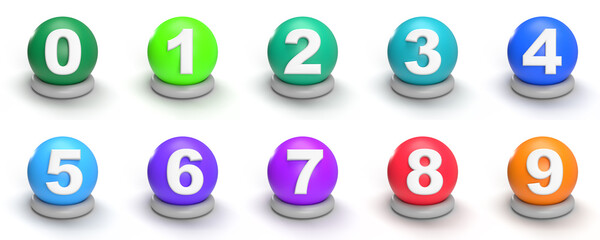 3D rendering of numbers 0-9 on colorful spheres. Colorful 3D rendering spheres and 0-9 number concept for education, business