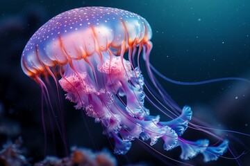 An elegant and dangerous jellyfish swims in the endless depths of the sea, sparkling with its bright colors