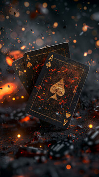 Ace of spades playing cards with fiery sparks and dramatic explosion
