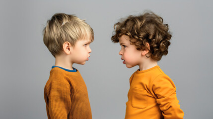 Side view of two toddler preschool boys arguing in blue studio. Angry male children or kids quarrel, shouting, upset siblings fighting, yelling, conflict