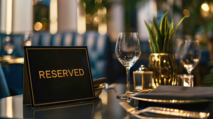 Small gold and black reserved card text sign on a dinner setting on a table in luxury restaurant interior. Fine exclusive dining elegant space reservation, private banquet decoration