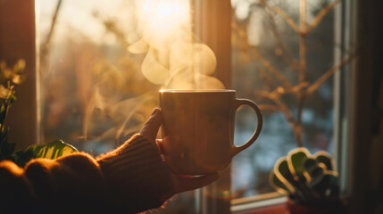 Women hand holding cup or mug of hot coffee drink beverage near the window sunrise. Home comfort, fresh aroma, indoors relaxation, warm espresso