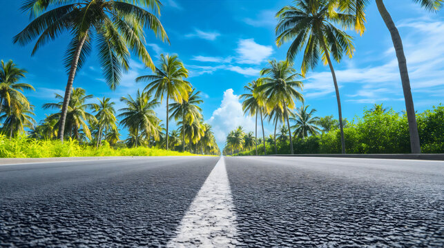 Low angle perspective of asphalt road surrounded by sunny green palm trees. Blue sky, summer trip, travel and transport landscape. Nobody, empty. Tropical street tourism, exotic vacation holiday coast