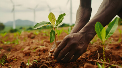 Close up of African man hand planting tree on brown soil with windmill in background, green environment and clean air concept. Generated AI.
