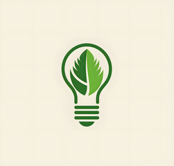 Logo, green lightbulb with leaf in the middle, white background, vector graphic design, simple, minimalistic style, modern logo, green and creme color palette. Generated AI.