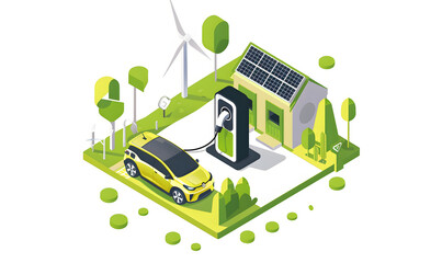 A large battery charging an electric car, with solar panels on the roof of a house and wind turbines in the background. A green energy concept vector. Generated AI.