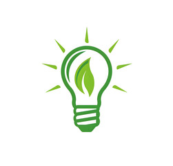 Logo, green lightbulb with leaf in the middle, white background, vector graphic design, simple, minimalistic style, modern logo, green and creme color palette. Generated AI.