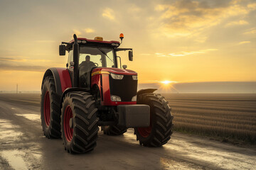 Fototapeta premium red tractor on the field, Bask in the golden glow of a setting sun as a red big tractor stands majestically parked on a vast field, its imposing silhouette against the backdrop of the radiant sky