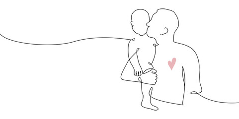 Vector one line art illustration of a toddler baby and father. Father holding a baby. Lineart family portret for father's day