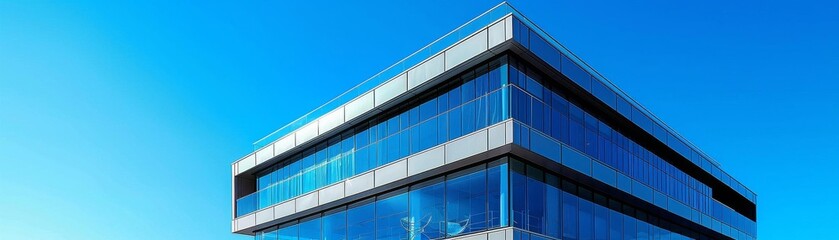 Modern corporate building with clean lines and reflective glass, under a clear blue sky, epitomizing sleek business design