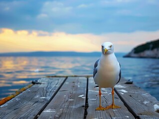 A seagull stands confidently on a weathered wooden pier, with a serene ocean backdrop under a colorful sunset sky, perfect for coastal and nature-themed projects.